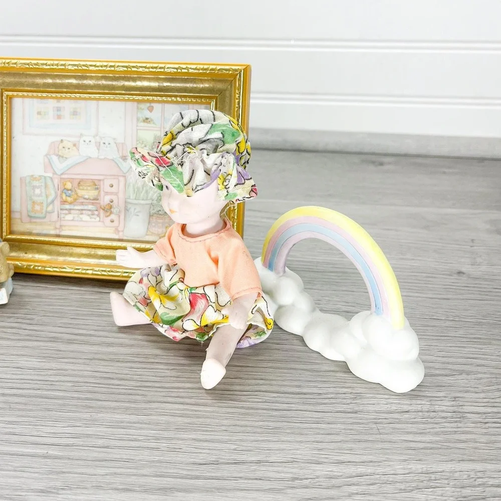 Vintage Nursery Decor Set: Ceramic Rainbow, Teddy Bear Frame, Cat Print